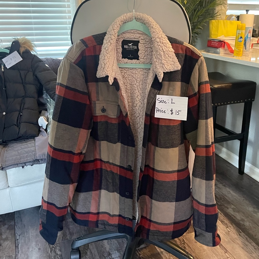 Hollister Red and Navy Plaid Jacket with Sherpa Lining